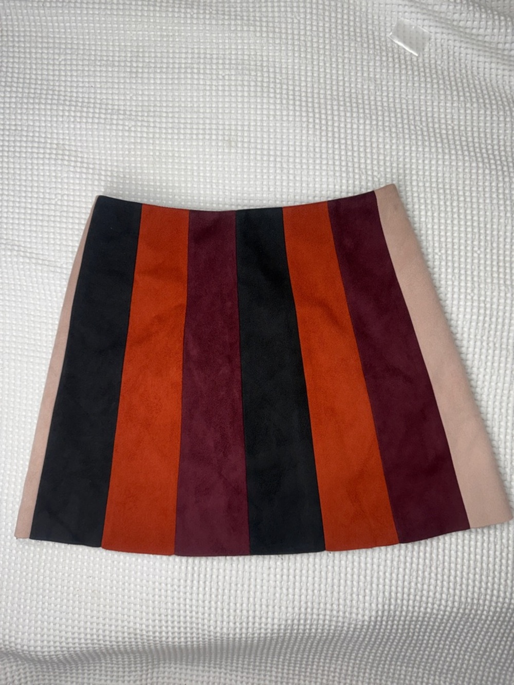 Striped Suede-Effect Mini Skirt in Black, Rust, Burgundy & Blush - Small